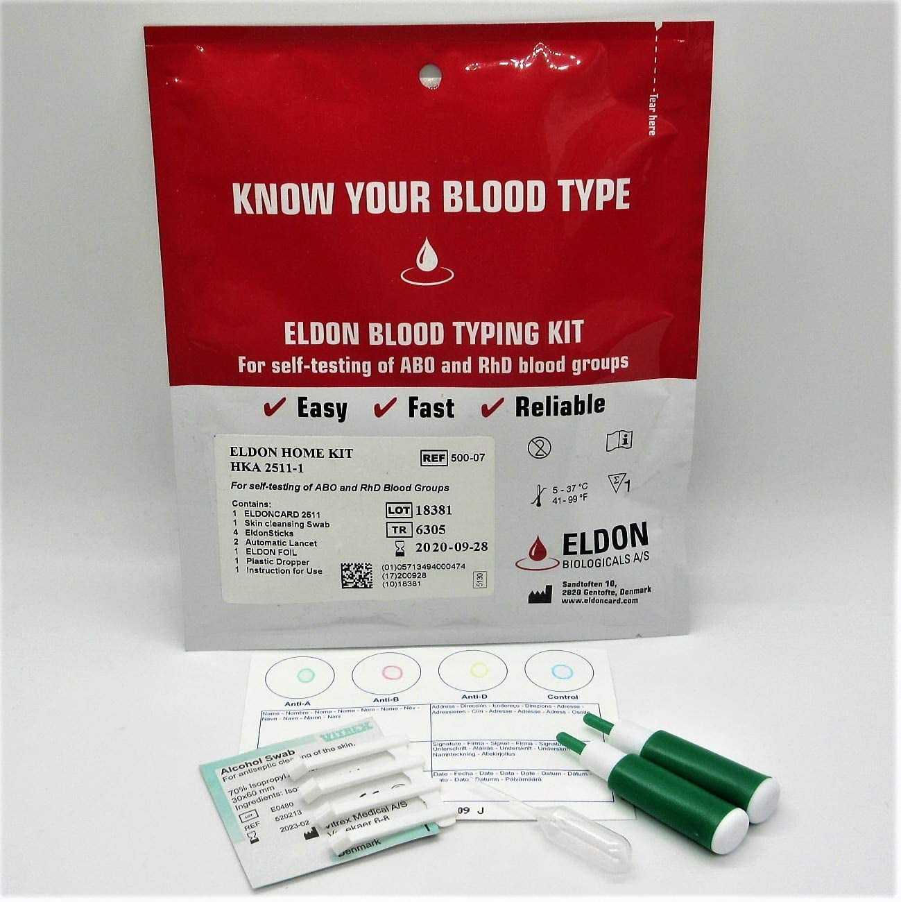 Eldoncard Inc Rapid Blood Type Test (2 Complete Kits) Air Sealed Envelope, Safety Lancet, Micropipette, Cleansing Swab