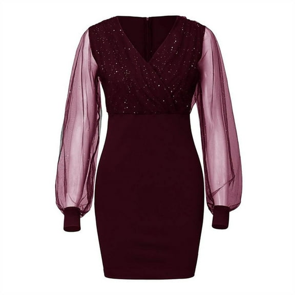 Ele Womens V-Neck Bodycon Dress Puff Sleeve Cocktail Evening Party Gown Wine Red Xl YIWEI
