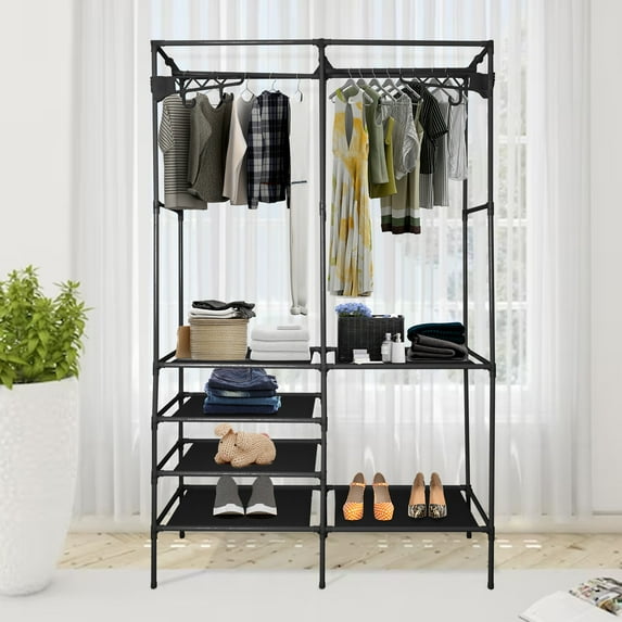 Ele-mall Portable Freestanding 2-Rod 4-Shelf Garment Rack, Black