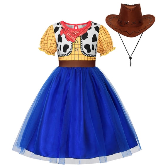 EleFairy Girls Cowboy Costume Woody Costume Kids Toddler Woody Outfit Dress Up for Halloween Birthday with Brown Cowboy Hat (3T/100)