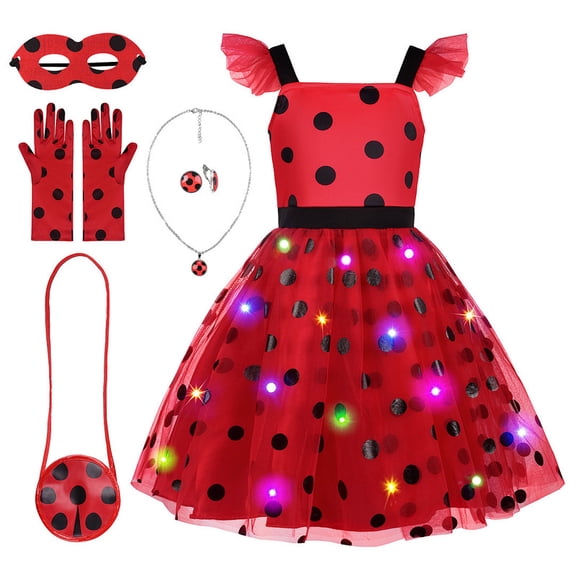 EleFairy Girls Light Up Ladybug Costume Dress LED Lady Bug Costumes for Kids Ladybird Themed Party Dress Up Outfits (5-6Y/120)