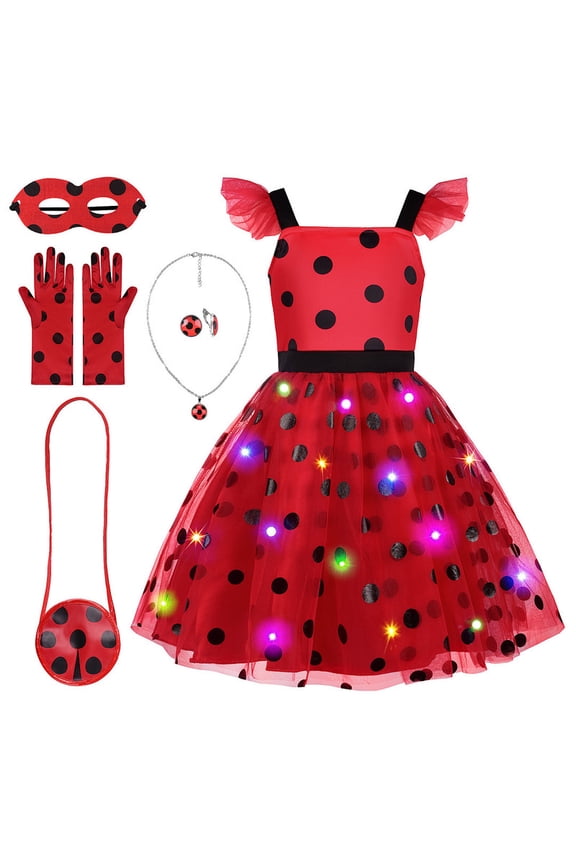 Girls Light Up Ladybug Costume Dress LED Lady Bug Costumes for Kids Ladybird Themed Party Dress Up Outfits (5-6Y/120)