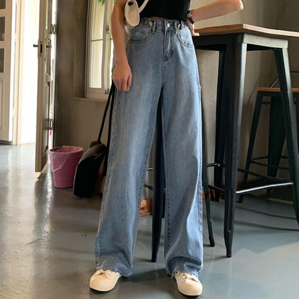 EleaEleanor Big Clear Women High Waist Drop Jeans Wide Leg Loose Straight Pants Summer Ladies Sty Blue Demin Trousers
