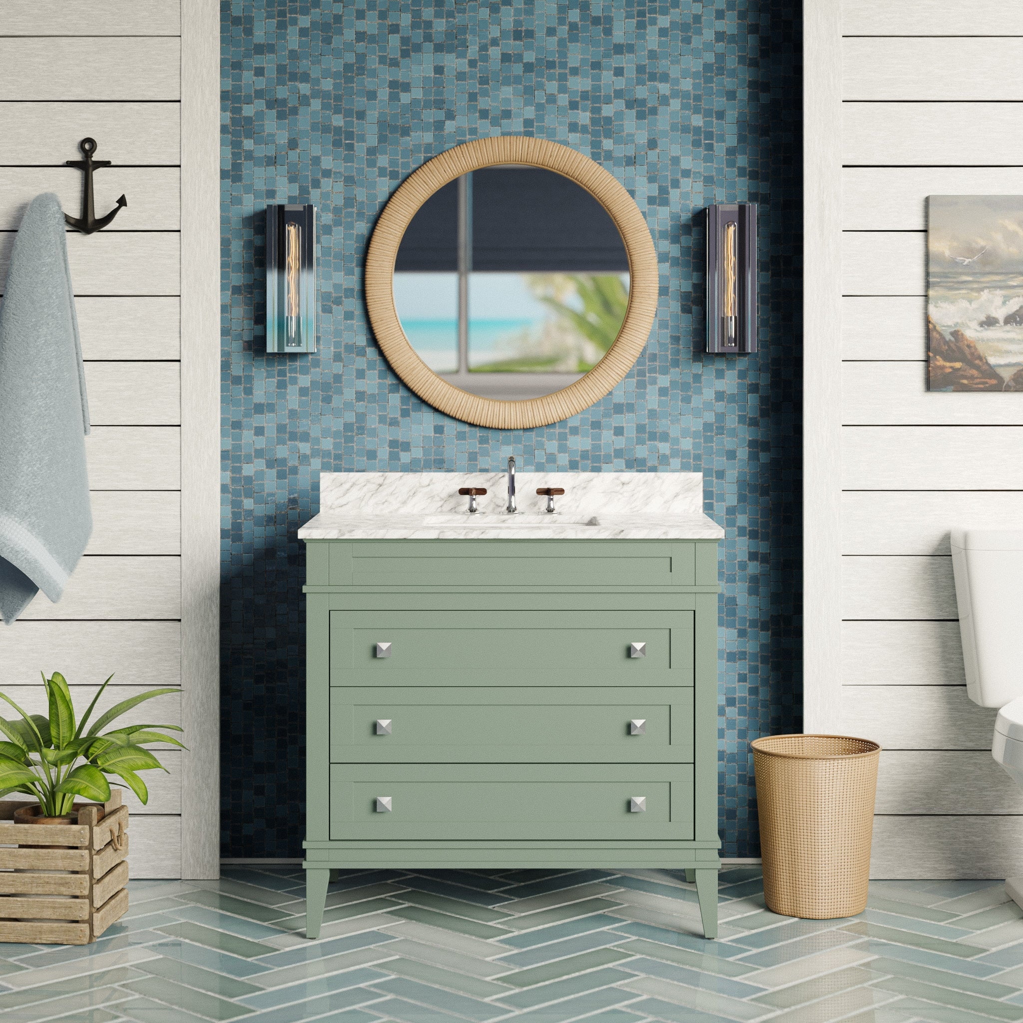 Eleanor 36" Sage Green Solid Wood Bathroom Vanity with Carrara Marble Top