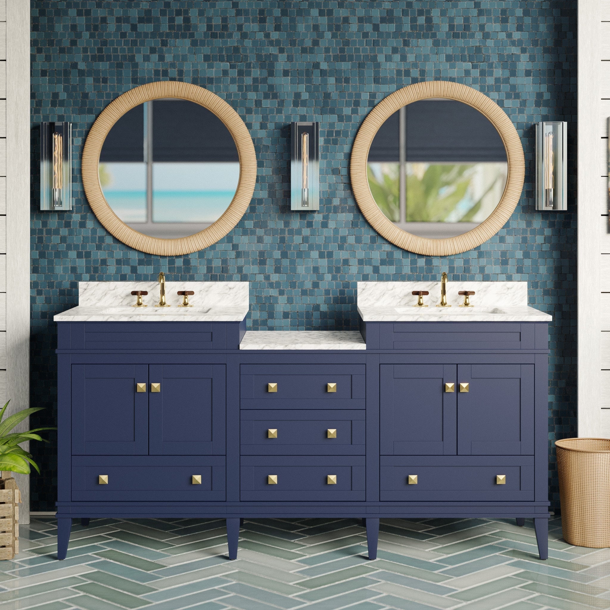 Eleanor 72 Double Bathroom Vanity with Royal Blue Cabinet and Carrara Marble Top Walmart