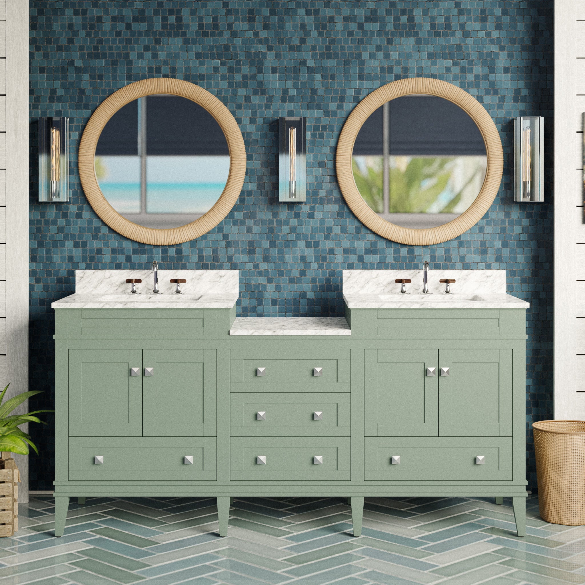 Eleanor 72" Double Bathroom Vanity with Sage Green Cabinet and Carrara ...