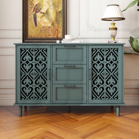 Eleanor American Design Storage Cabinet with Symmetrical Pattern, Dressers with 2 Doors, 3 Drawers and Solid Wood Legs, Dark Green