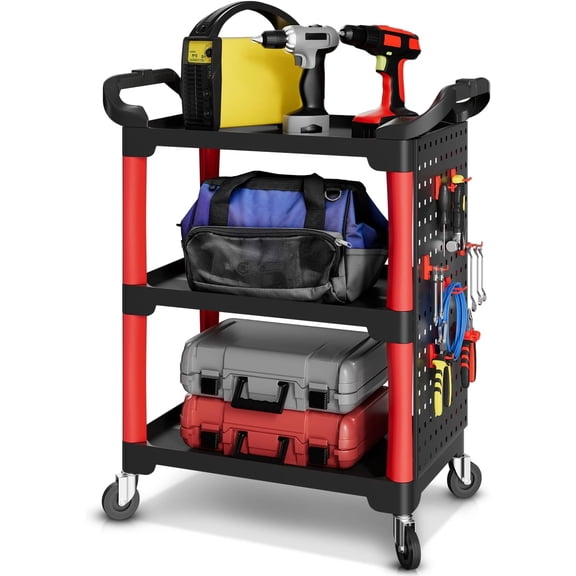Eleanor Grace 3-Level Rolling Cart Trolley Storage Detailing Cart with Pegboard 120 kg/260 Lbs Capacity on Wheels Fits Garage, Warehouse, and Workshop Use, Black/Red