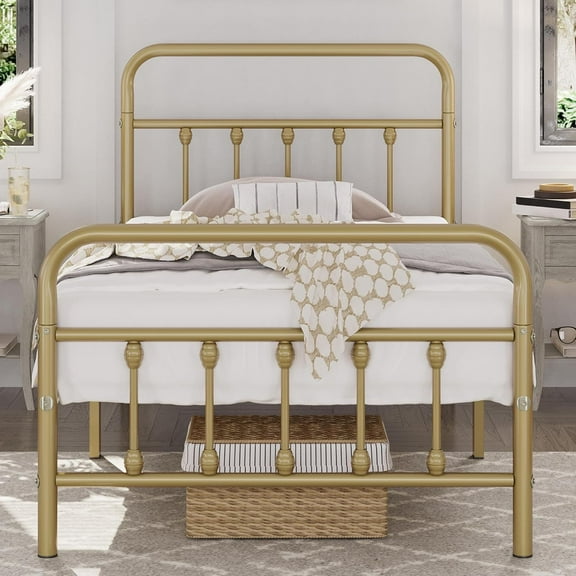 Eleanor Grace Classic Metal Platform Bed Frame Mattress Foundation with Victorian Style Iron-Art Headboard/Footboard/Under Bed Storage/No Box Spring Needed/Twin Size Antique Gold
