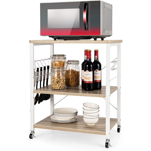 Eleanor Grace Kitchen Bakers Rack 3-Tier Microwave Cart on Wheels, Industrial Utility Bar Cart with 10 Hooks Metal Frame Wood Storage Shelves, Rolling Microwave Stand, Maple & White