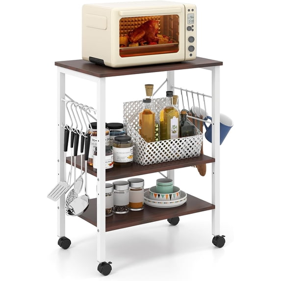 Eleanor Grace Kitchen Bakers Rack 3-Tier Microwave Cart on Wheels, Industrial Utility Bar Cart with 10 Hooks Metal Frame Wood Storage Shelves, Rolling Microwave Stand (Dark Brown & White)