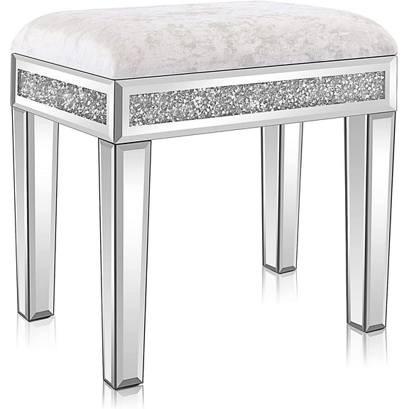 Eleanor Grace Mirrored Vanity Stool with Storage, Upholstered Velvet Ottoman, Makeup Dressing Table Bench with Sparking Diamonds, Silver