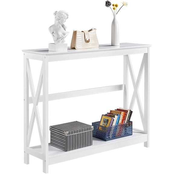 Eleanor Grace Wood Entryway Table, Console Table for Entryway, 2-Tier Sofa Table Accent Table w/Storage Shelf for Living Room, Hall, Foyer, White