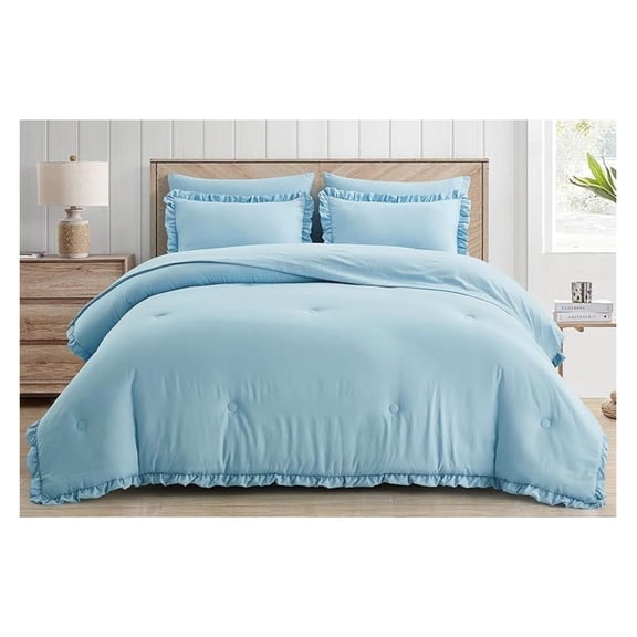 Eleanora Bed in a Bag Queen 7-Pieces Chambray Blue Ruffled Edge Trim Soft Washed Double Brushed Microfiber Comforter with Sheets Lightweight All Season Bedding Set
