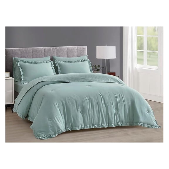 Eleanora Full Bed in a Bag 7-Pieces Ruffled Edge Trim Soft Washed Double Brushed Microfiber Comforter with Sheets Lightweight All Season Bedding Set (Full, Aqua)