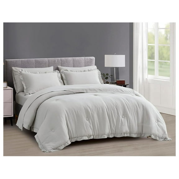 Eleanora Full Bed in a Bag 7-Pieces Ruffled Edge Trim Soft Washed Double Brushed Microfiber Comforter with Sheets Lightweight All Season Bedding Set (Full, Light Gray) Light Gray, Ruffled Edge