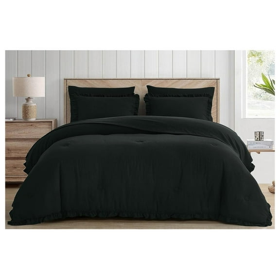 Eleanora King Bed in a Bag 7-Piece Set - Ruffled Microfiber Comforter Set with Sheets - Stone Washed, Lightweight All Season Bedding - Oversized King, Black Black, Ruffled Edge