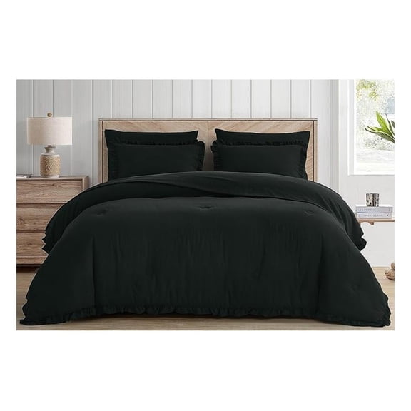 Eleanora King Bed in a Bag 7-Pieces Ruffled Edge Trim Stone Washed Double Brushed Microfiber Comforter with Sheets Lightweight All Season Bedding Set (King, Black)