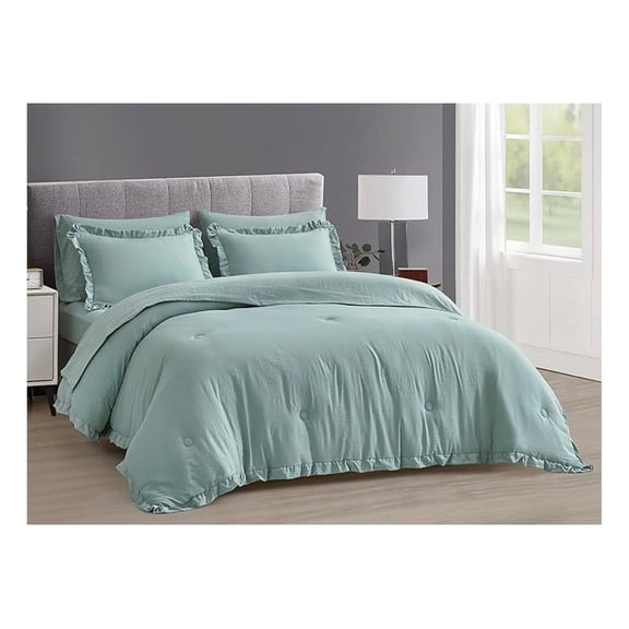 Eleanora Queen Bed in a Bag 7-Pieces Ruffled Edge Trim Soft Washed Double Brushed Microfiber Comforter with Sheets Lightweight All Season Bedding Set (Queen, Aqua)