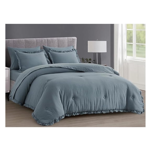 Eleanora Queen Bed in a Bag 7-Pieces Ruffled Edge Trim Stone Washed Double Brushed Microfiber Comforter with Sheets Lightweight All Season Bedding Set (Queen, Dusty Blue)