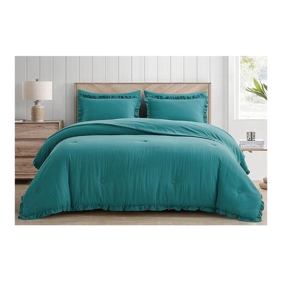 Eleanora Queen Bed in a Bag 7-Pieces Ruffled Edge Trim Stone Washed Double Brushed Microfiber er with Sheets Lightweight All Season Bedding Set (Queen, Teal)