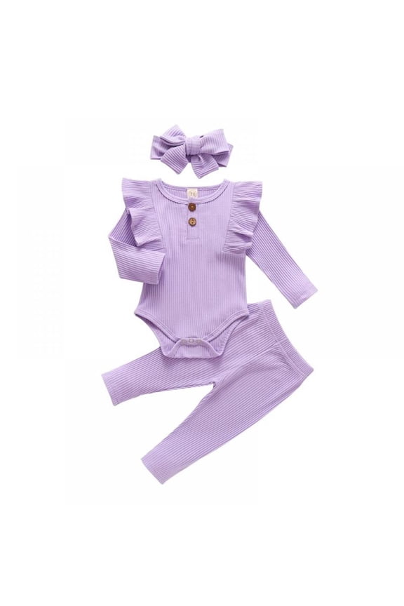 Autumn Children's Ruffled Fly-sleeved Solid Color Strip One-piece Romper Three-piece Suit