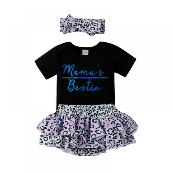 Eleanos Baby Cute Letter Short Sleeve + Color Leopard Print Skirt Set