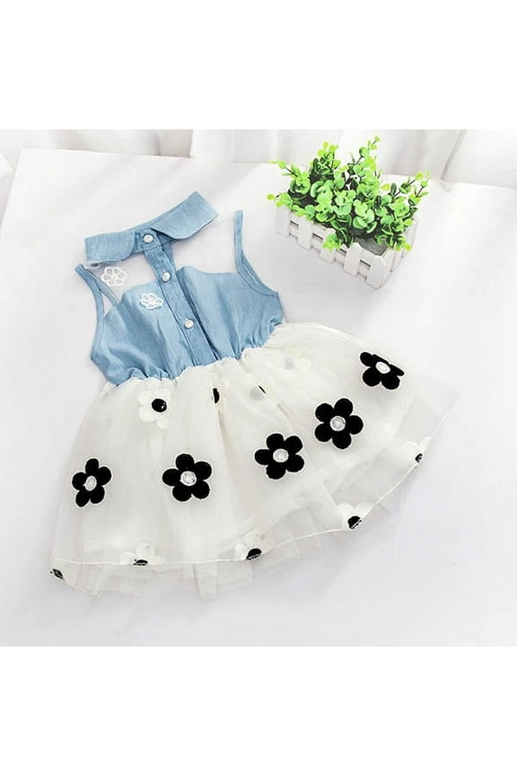 Baby Girls Princess Sleeveless Floral Lace Denim Shirts Dresses Kids Party Tutu Dress