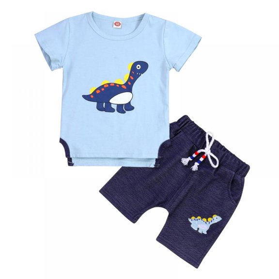 Eleanos Summer Baby Boy Girl Cartoon Dinosaurs Print Short Sleeve Jeans Denim Shorts 2 Pcs Outfits Clothes