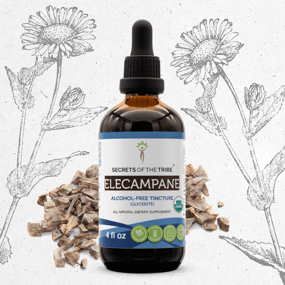 Secrets Of The Tribe Elecampane Organic Dietary Supplement, Natural Herbal Tincture for Respiratory Support, Certified Organic Elecampane (Inula helenium) Dried Root, Alcohol-Free Extract, 4 oz