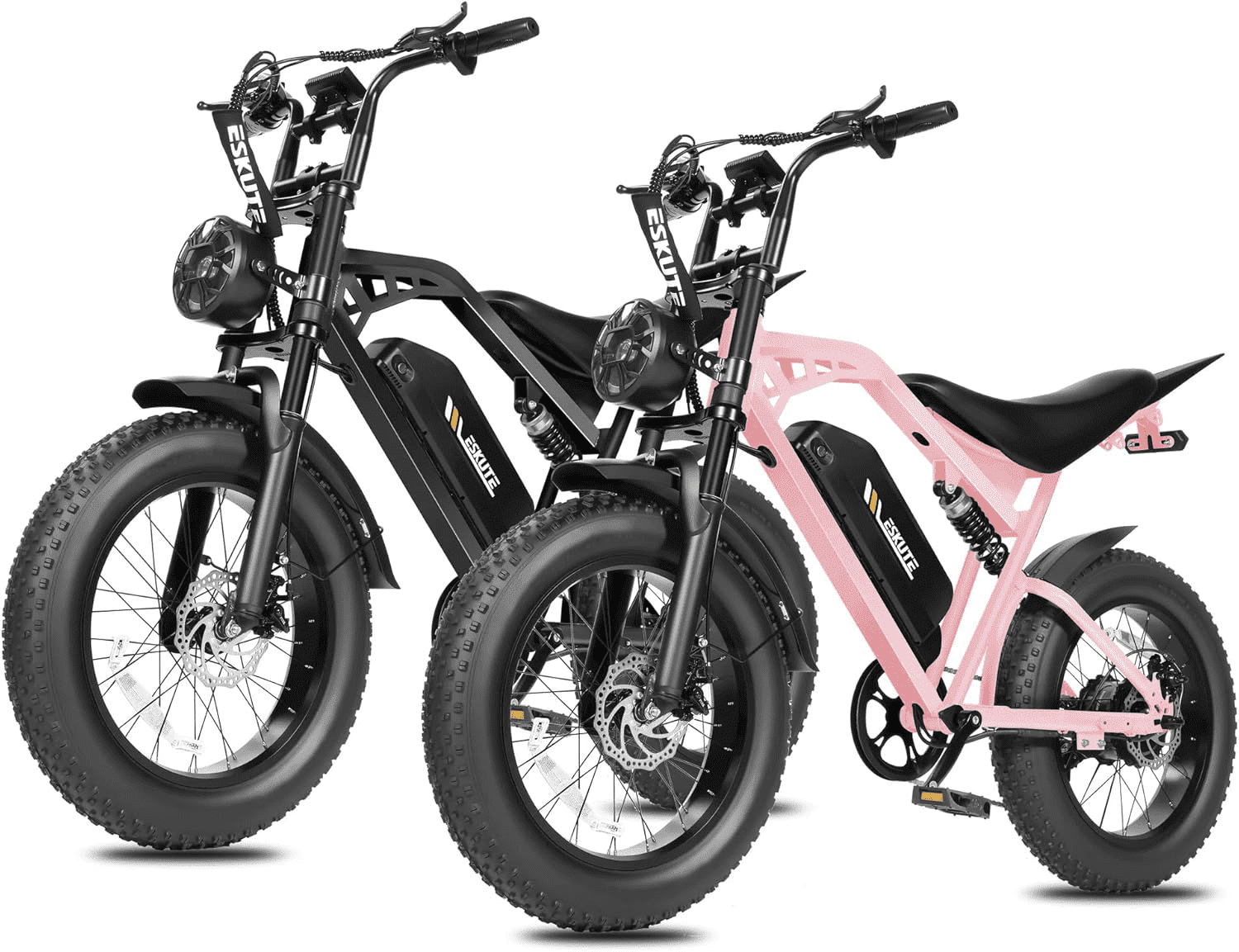 ESKUTE 2 Pcs Electric Bike for Adults & Teens, 29MPH, 80 Miles Range, 48V 20.8Ah Battery, 20" x 4.0 Fat Tire, Dual Suspension, 7-Speed Off-Road Ebike Black & Pink, UL2849