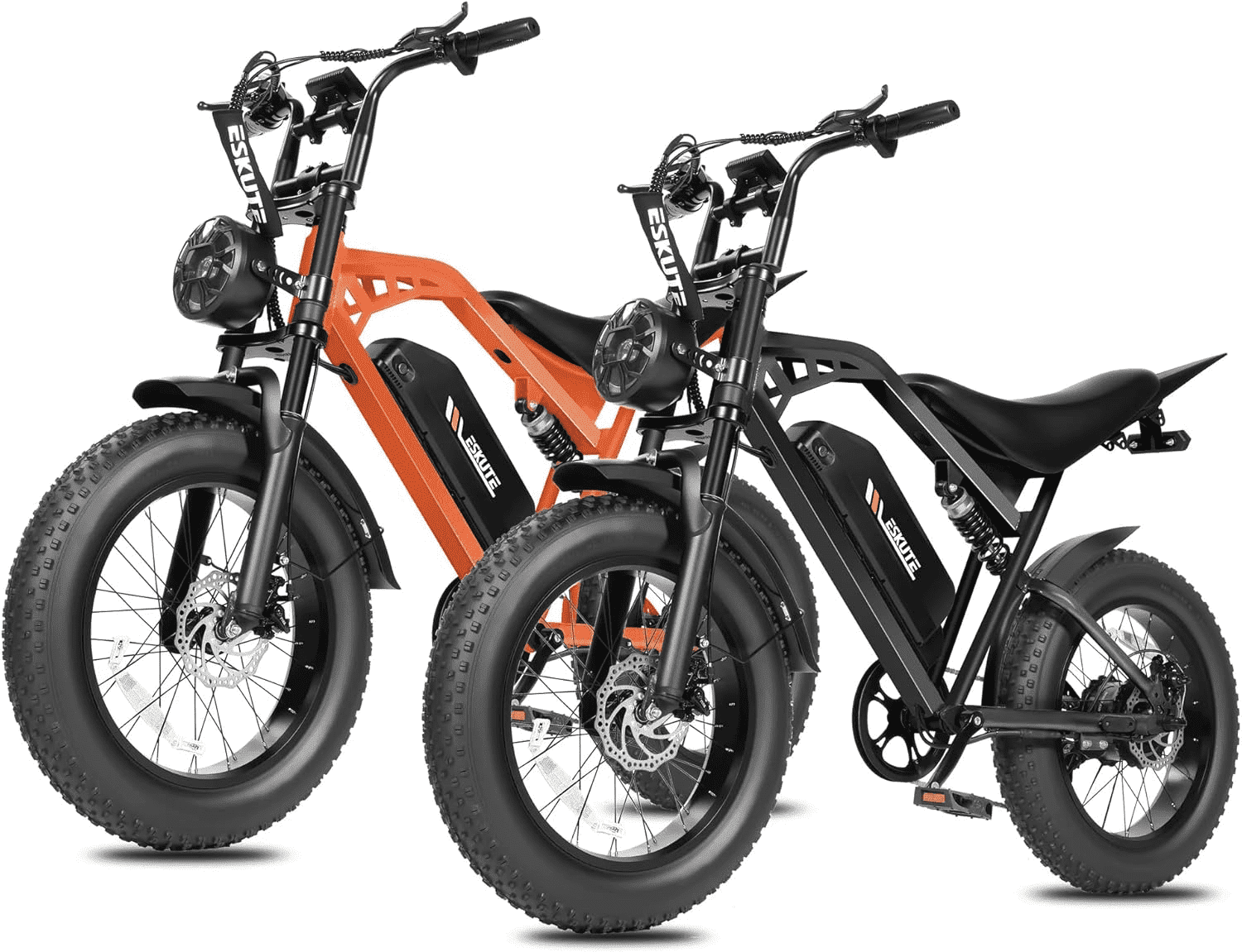 ESKUTE 2 Pcs Electric Bike for Adults & Teens, 29MPH, 80 Miles Range, 48V 20.8Ah Battery, 20" x 4.0 Fat Tire, Dual Suspension, 7-Speed Off-Road Ebike Black & Orange, UL2849