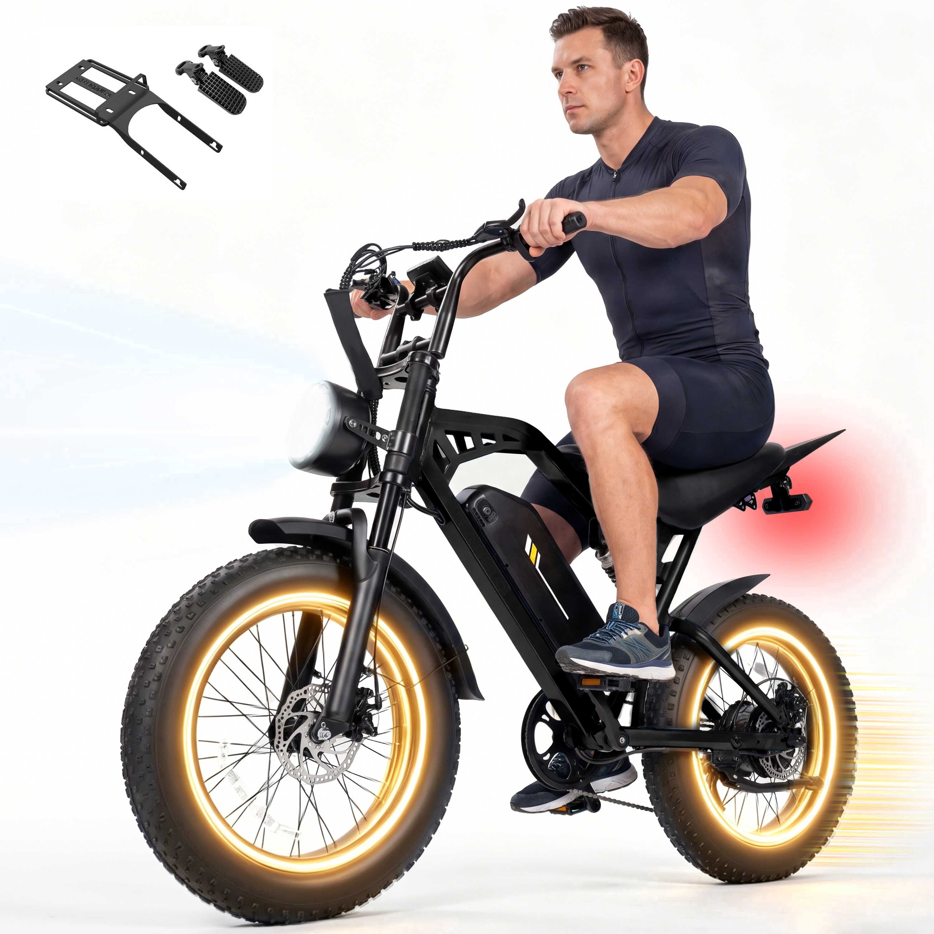 ESKUTE Electric Bike for Adults & Teens, 29MPH, 80 Miles Range, 48V 20.8Ah Battery, 20" x 4.0 Fat Tire, Dual Suspension, 7-Speed Off-Road Ebike Black with Rear Rack & Footrests, UL2849
