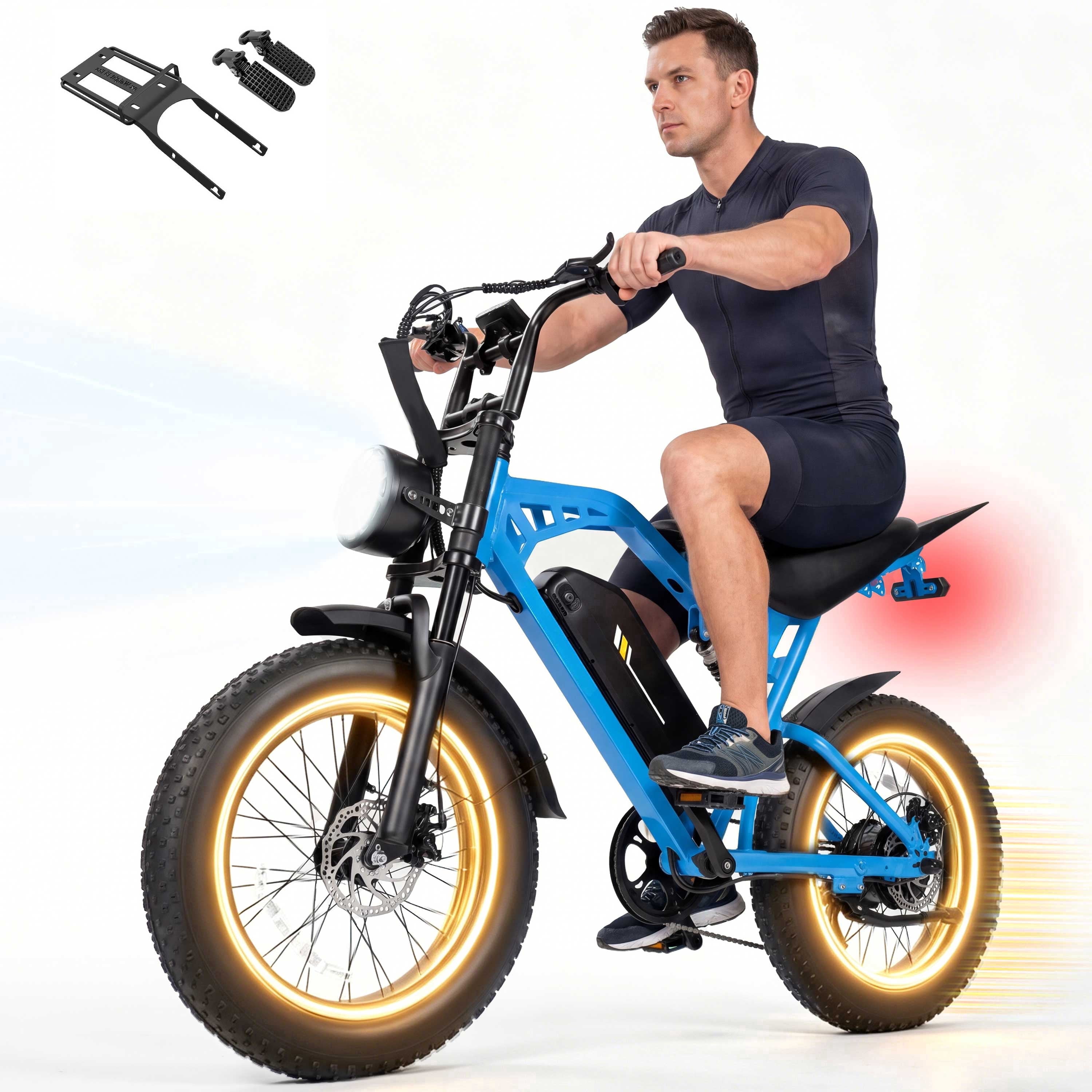 ESKUTE Electric Bike for Adults & Teens, 29MPH, 80 Miles Range, 48V 20.8Ah Battery, 20" x 4.0 Fat Tire, Dual Suspension, 7-Speed Off-Road Ebike Blue with Rear Rack & Footrests, UL2849