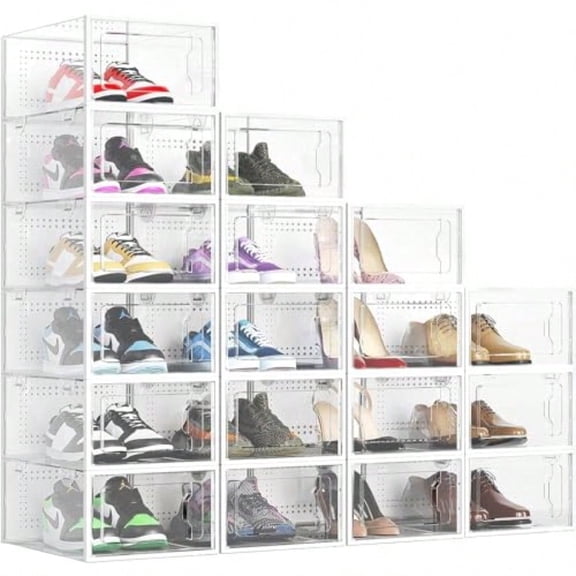 Elechomes Shoe Boxes Clear Plastic Stackable 18 Pack Premium Shoe Organizer Storage for Closet Foldable Shoe Rack Containers Sneaker Display Case Holder Shoe Bin for Entryway Drawers Christmas Gifts