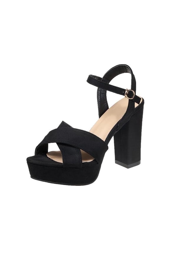 Black Heels, Fashion Black Platform Heels, Ankle Strap Suede Block Chunky High Heel, Black Sandal
