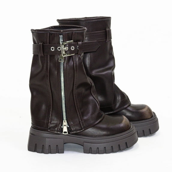 Elecsop Mid Calf Boots for Women Platform Fold Over Biker, Retro Belt Buckle Side Zip Leather Brown Boots for Women, Fashion Motorcycle Combat Boots