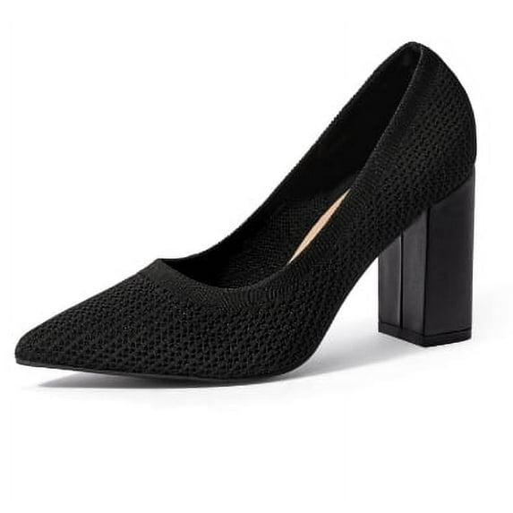 Elecsop Chunky Heels for Women, Elegantes Dressy Block Pointed Closed Toe High Heels, Sexy Comfortable Breathable Knit Women's Pumps (Black, 3.34 in)