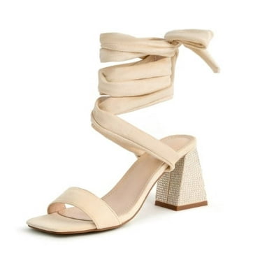 Elecsop Chunky Heels for Women, Sexy Square Open Toe Mid Block High Heels with Rhinestone, Comfortable Suede Lace Up Strappy Sandals for Party Prom (Apricot)