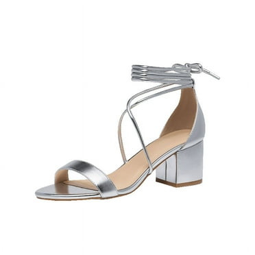 Elecsop Heels for Women, Sexy Chunky Block Elegant Low Heel Sandals High Heels with Ankle Strap, Comfortable Open Toe Strappy Heels for Women, Sliver