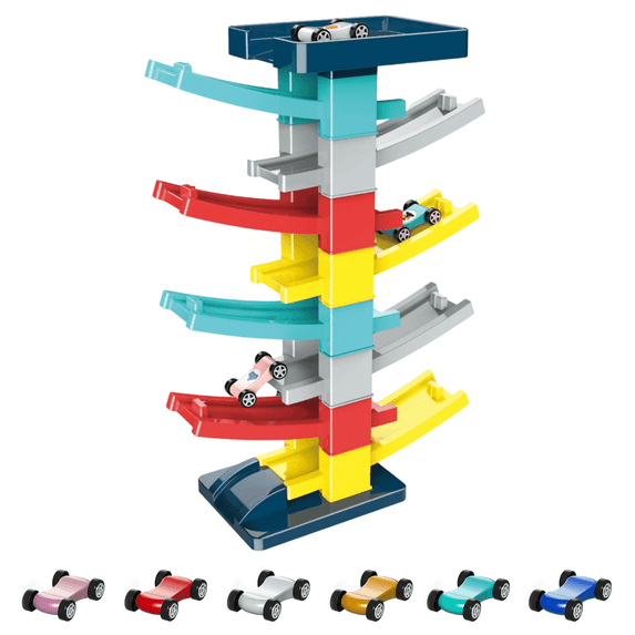 Freshe Car Ramp Toy, Race Track Car Ramp with 8 Ramps 6 Mini Cars, Slide Racing Toys Gifts, Toys for 3+ Years Old