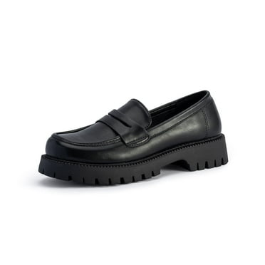 Elecsop Platform Loafers for Women, Low Top Chunky Lug Sole Penny Loafers, Comfortable Round Toe Slip On Leather Womens Casual Shoes, Black