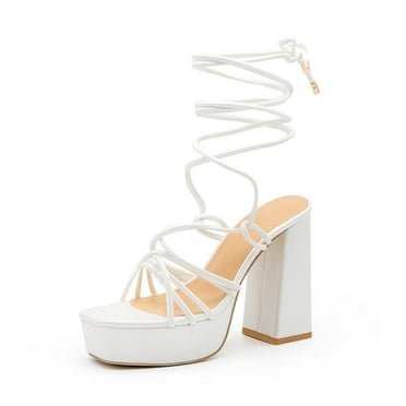 Elecsop White Heels, Sexy Comfortable Chunky Block Platform Heels for Women, Comfortable Square Open Toe High Heels for Party Holiday