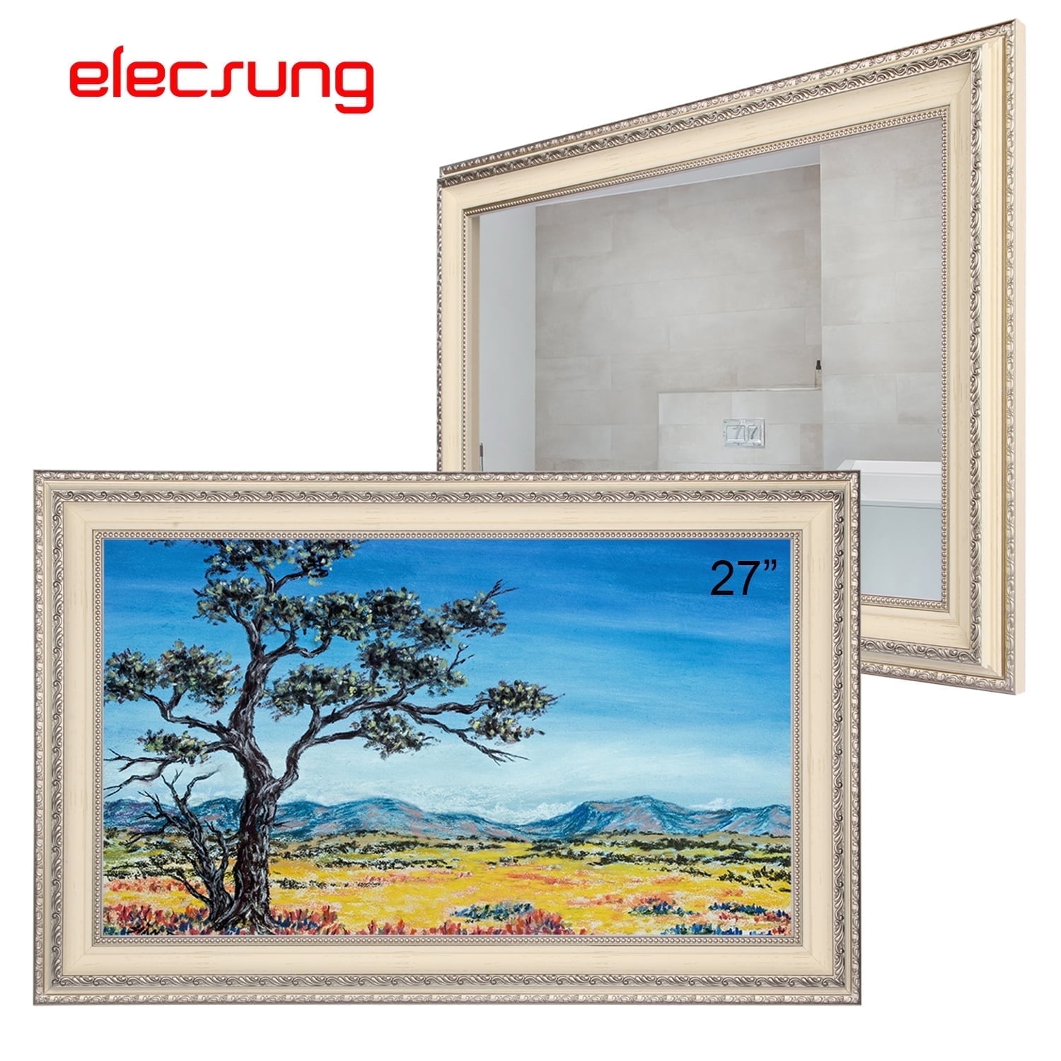 Elecsung 27 inches Smart webOS Mirror TV Antique Ivory Decor Frame for Bathroom System Built-in WiFi Bluetooth ATSC