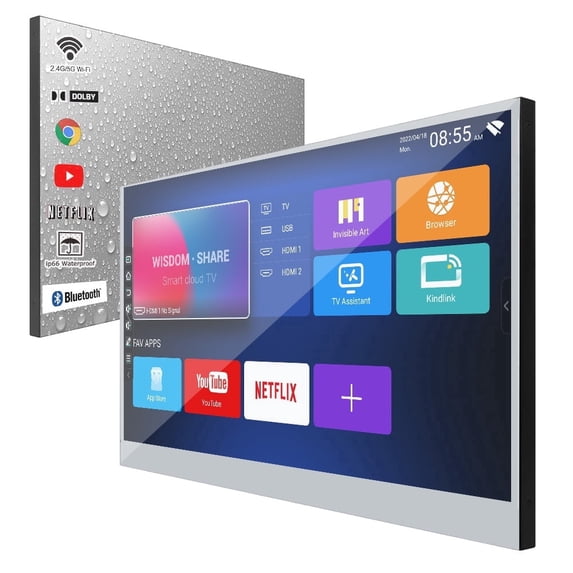 Elecsung 32” Screen Smart Mirror LED TV Android System Bathroom Shower Bluetooth Waterproof Wifi Television 1080P DC 12V