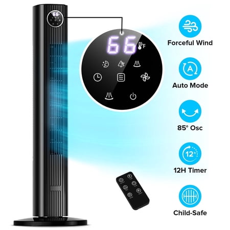 Electactic 35" Bladeless Tower Fan, Quiet Oscillating Fan with Remote, 4 Modes & 3 Speeds, 12H Timer, LED Display, Safe for Kids & Pets, Ideal for Bedroom & Home (Black)