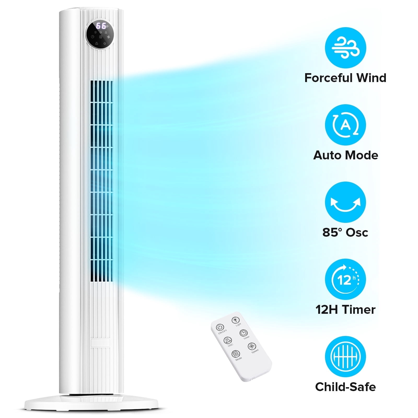 Electactic 35" Oscillating Tower Fan, Bladeless Floor Fan with Remote, 4 Modes & 3 Speeds, 12H Timer, Quiet & Family-Safe, LED Display, 85° Wide Cooling for Bedroom & Home (White)
