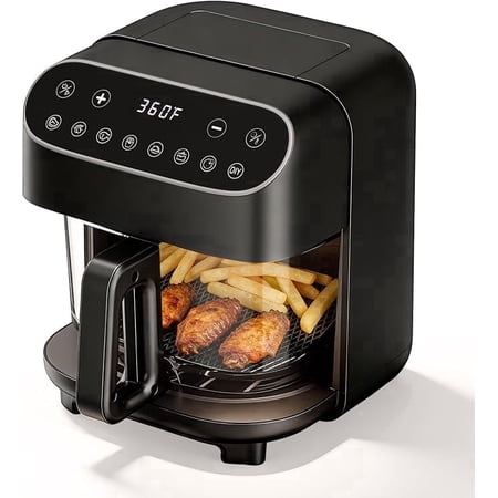 Electactic 5 Quart Borosilicate Glass Air Fryer, PFAS-Free, Transparent Basket, Black