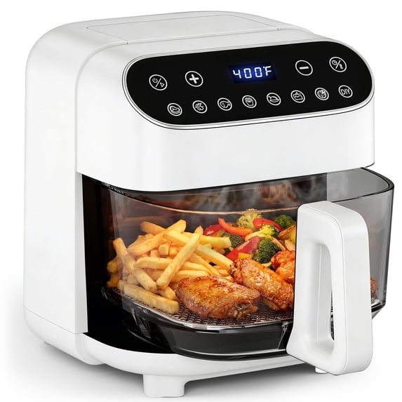 Kismile 5 Quart Borosilicate Glass Air Fryer, Transparent Basket, White