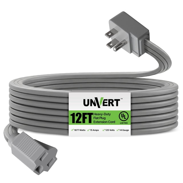 Electery Heavy Duty Flat Plug Appliance Extension Cord, 12 ft, 14 Gauge ...